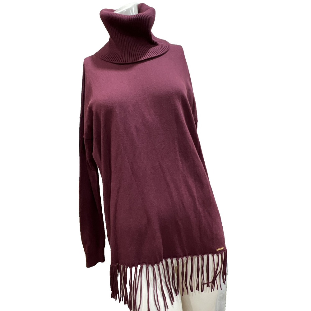 MICHAEL Michael Kors Sweater Womens Large Burgundy‎  Knit Turtle Neck Fringe Hem